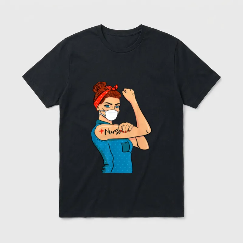 Nurse with Mask Rosie the Riveter T-Shirt – Masked nurse in a polka dot bandana flexing her bicep – Classic T-Shirt in Black
