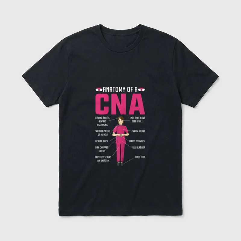 Anatomy of a Cna Nurse Day T-Shirt – Cartoon nursing assistant diagram labeled Anatomy of a CNA – Classic T-Shirt in Black