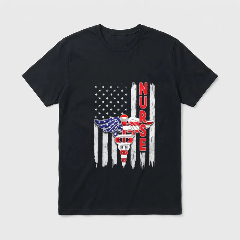 Nurse Nursing School T-Shirt – Winged caduceus with American flag and vertical NURSE lettering – Classic T-Shirt in Black