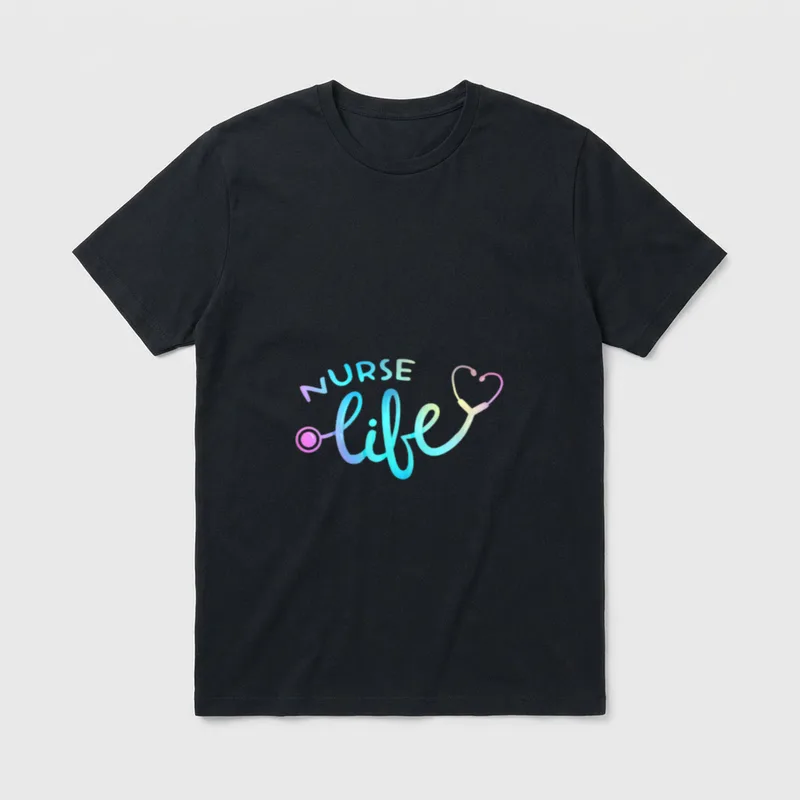 NurseLife Nursejob Colorful T-Shirt – Pastel NURSE life lettering with heart stethoscope tubing – Classic T-Shirt in Black