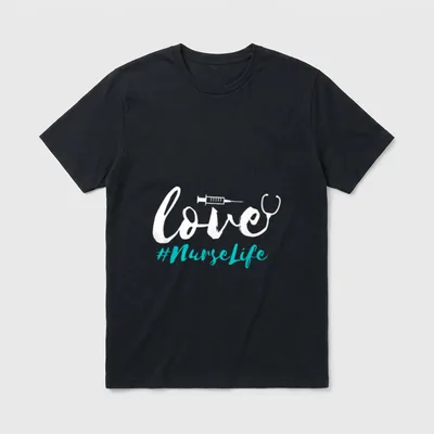 Nursing Student School T-Shirt – Cursive love artwork with a syringe, stethoscope, and #NurseLife – Classic T-Shirt in Black