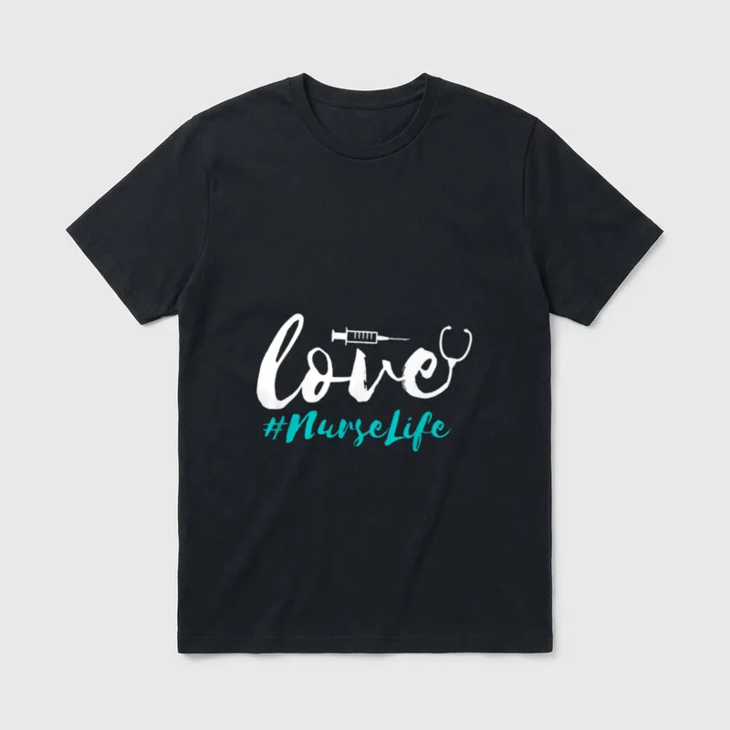 Nursing Student School T-Shirt – Cursive love artwork with a syringe, stethoscope, and #NurseLife – Classic T-Shirt in Black