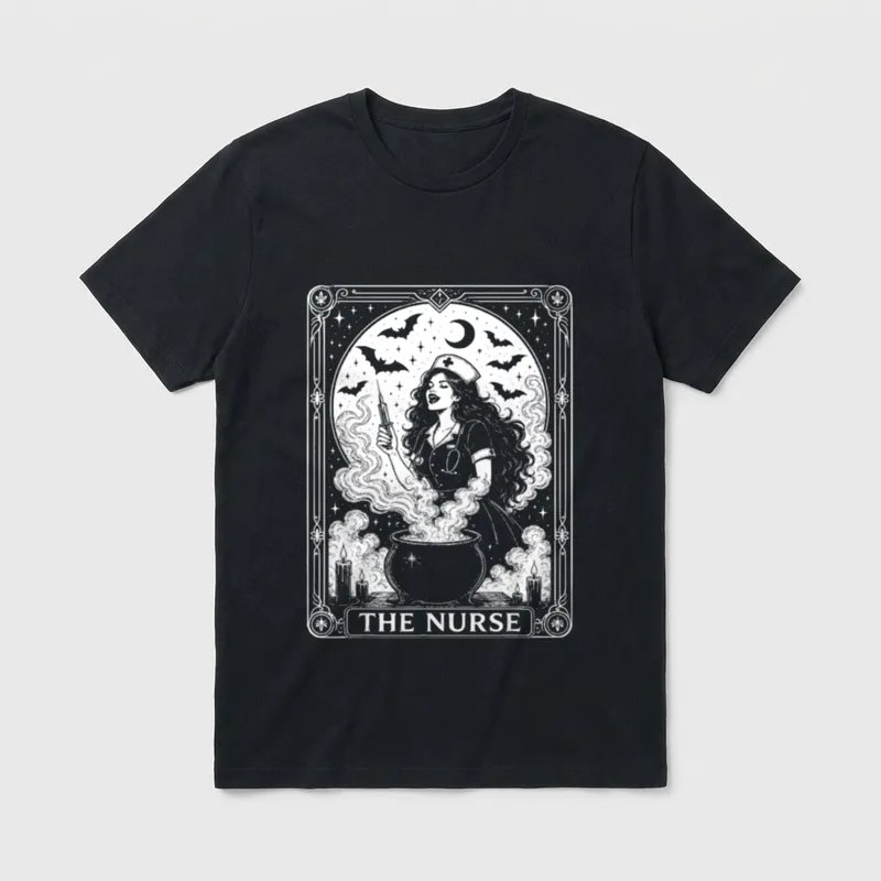 Nurse Tarot Card Funny Nursing Witch T-Shirt – The Nurse tarot card with cauldron and syringe – Classic T-Shirt in Black