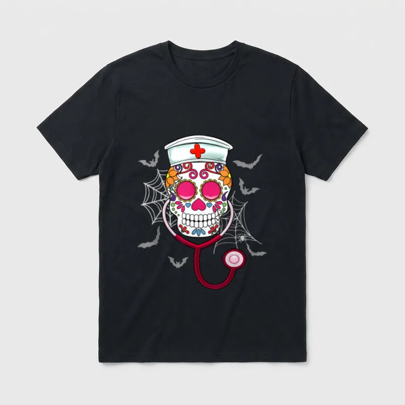 Sugar Skull Nurse Stethoscope Day T-Shirt – Classic T-Shirt in Black