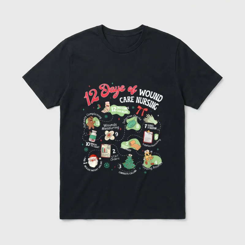 12 Days of Wound Care Nursing T-Shirt – Holiday carol pathway with nursing tasks and smiling Santa – Classic T-Shirt in Black
