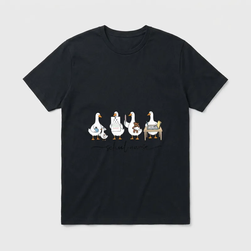 Silly Goose School Nurse Back T-Shirt – Cursive script reading school nurse beneath clinic geese – Classic T-Shirt in Black