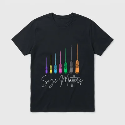 Size Matters IV Catheter Nurse Healthcare T-Shirt – Size Matters with seven colorful IV catheters – Classic T-Shirt in Black