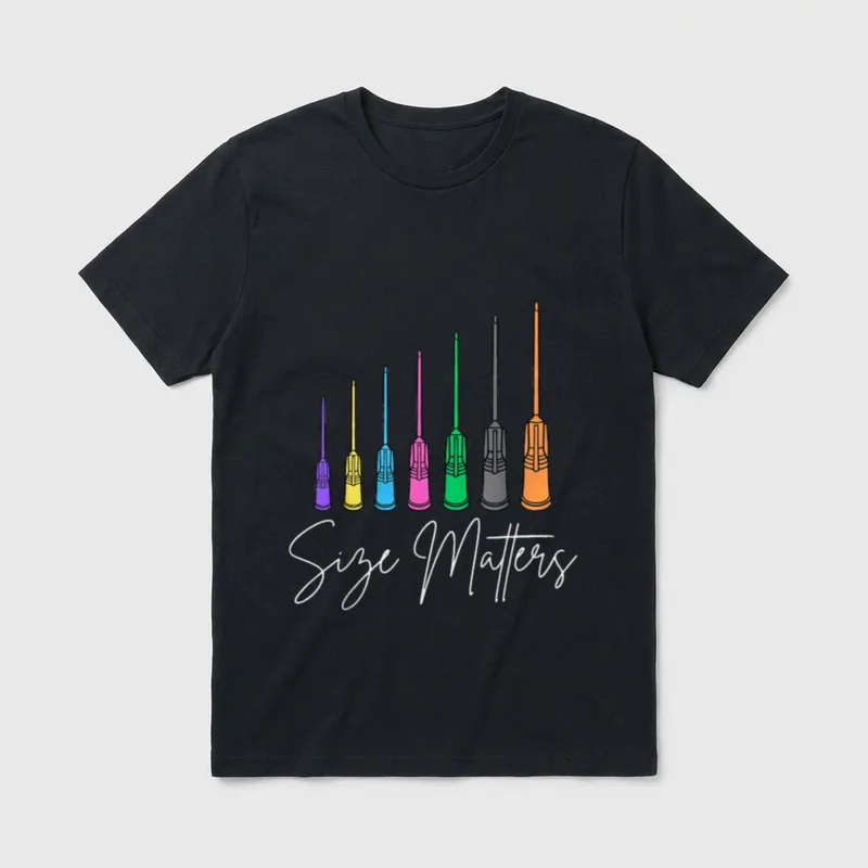 Size Matters IV Catheter Nurse Healthcare T-Shirt – Size Matters with seven colorful IV catheters – Classic T-Shirt in Black