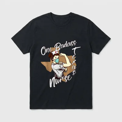 Texas Nurse T-Shirt – Nurse in mask flexing her arm before a Texas outline – Classic T-Shirt in Black