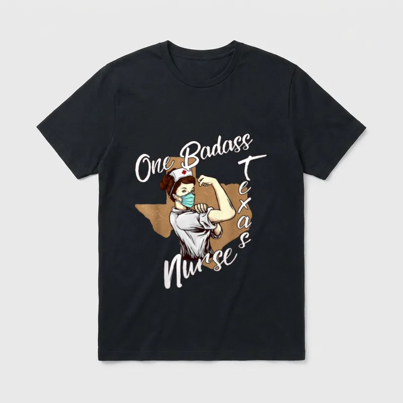Texas Nurse T-Shirt – Nurse in mask flexing her arm before a Texas outline – Classic T-Shirt in Black