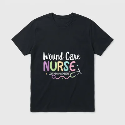 Wound Care Nurse Matching T-Shirt – Wound Care NURSE LOVE INSPIRE HEAL printed in pastel lettering – Classic T-Shirt in Black