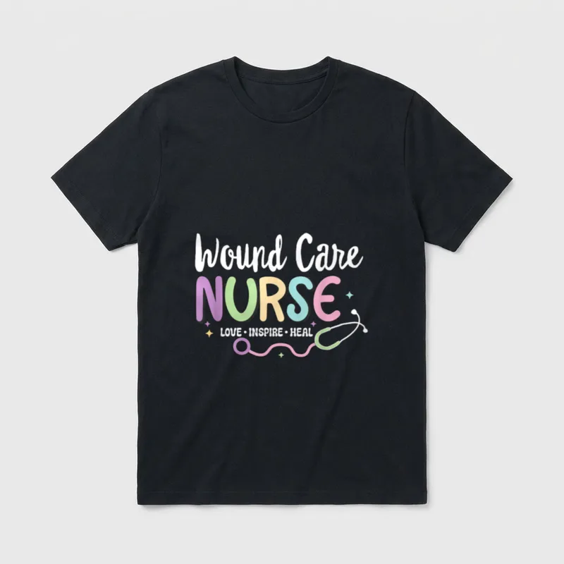 Wound Care Nurse Matching T-Shirt – Wound Care NURSE LOVE INSPIRE HEAL printed in pastel lettering – Classic T-Shirt in Black
