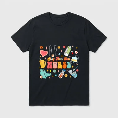 Nurse Squad Life Nursing Long Term T-Shirt – “Long Term Care NURSE” with walker and ward items – Classic T-Shirt in Black
