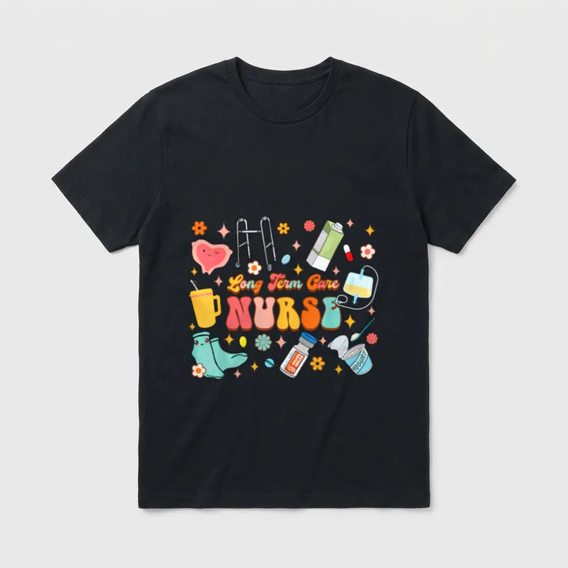 Nurse Squad Life Nursing Long Term T-Shirt – “Long Term Care NURSE” with walker and ward items – Classic T-Shirt in Black