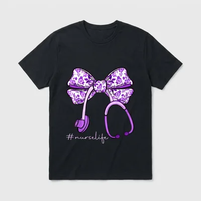 Nurse Life Purple Stethoscope Bow Nursing T-Shirt – Classic T-Shirt in Black
