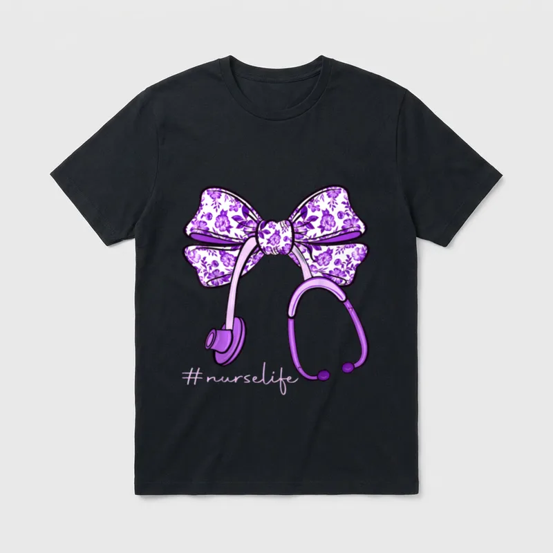 Nurse Life Purple Stethoscope Bow Nursing T-Shirt – Classic T-Shirt in Black