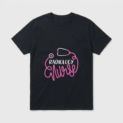 Radiology Nurse T-Shirt – Printed words RADIOLOGY and Nurse with pink stethoscope – Classic T-Shirt in Black