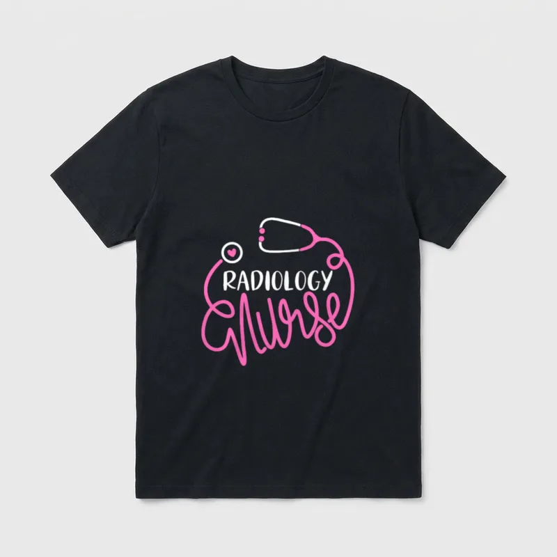 Radiology Nurse T-Shirt – Printed words RADIOLOGY and Nurse with pink stethoscope – Classic T-Shirt in Black