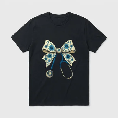 Floral Blue Coquette Bow Nurse Doctor T-Shirt – Classic T-Shirt in Black
