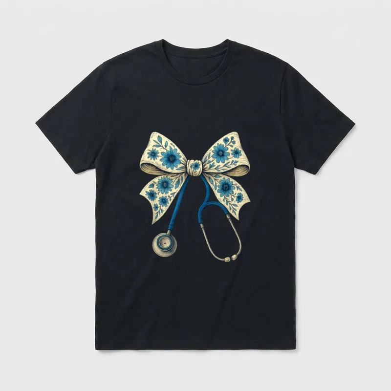 Floral Blue Coquette Bow Nurse Doctor T-Shirt – Classic T-Shirt in Black