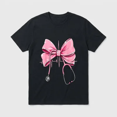 RN Nurse Stethoscope Coquette Bow Heartbeat T-Shirt – Classic T-Shirt in Black