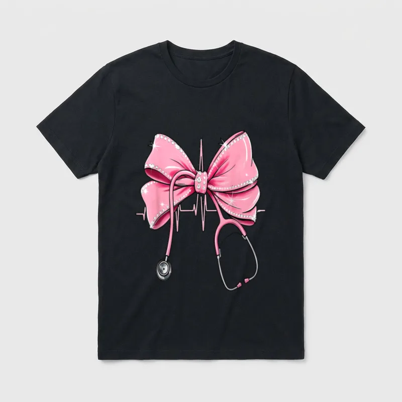 RN Nurse Stethoscope Coquette Bow Heartbeat T-Shirt – Classic T-Shirt in Black
