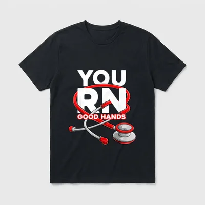 Cool Nurse Stethoscope T-Shirt – YOU RN GOOD HANDS lettering with red medical stethoscope – Classic T-Shirt in Black