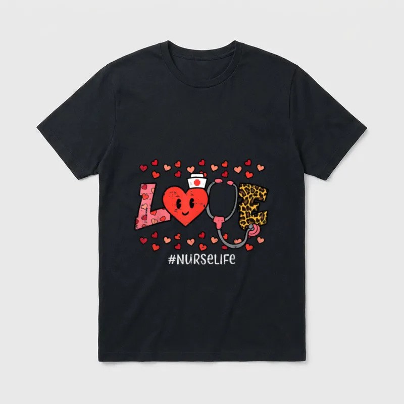 Valentines Day Love Nurse Life Leopard T-Shirt – Classic T-Shirt in Black