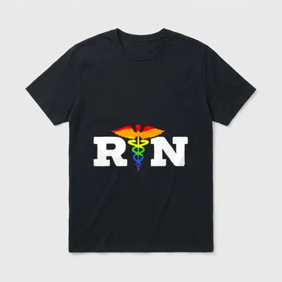 Nurse Gay Rainbow Pride March Medicine T-Shirt – White RN letters with a rainbow caduceus – Classic T-Shirt in Black