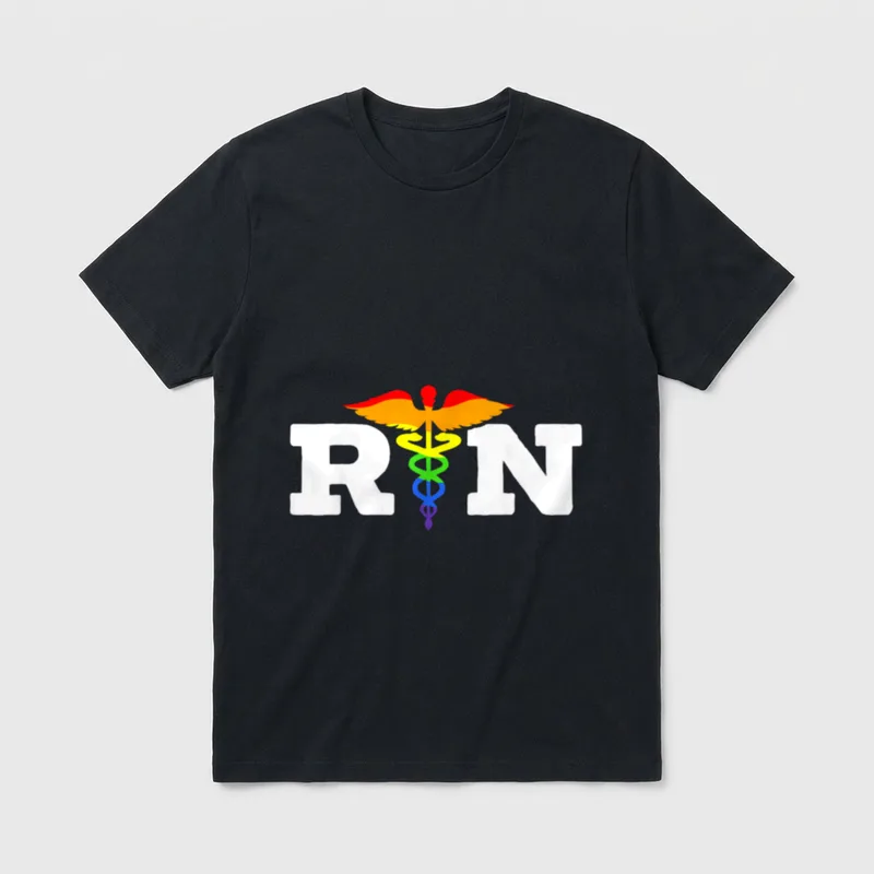 Nurse Gay Rainbow Pride March Medicine T-Shirt – White RN letters with a rainbow caduceus – Classic T-Shirt in Black