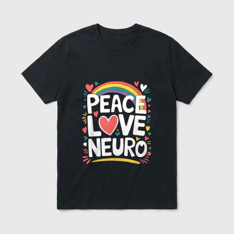 Neurologist Nurse Neurology Nursing T-Shirt – Peace Love Neuro with arched rainbow and hearts – Classic T-Shirt in Black
