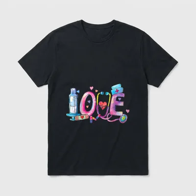 Love Nurse Life Medicine T-Shirt – The word LOVE formed by a syringe, stethoscope, and nurse cap – Classic T-Shirt in Black