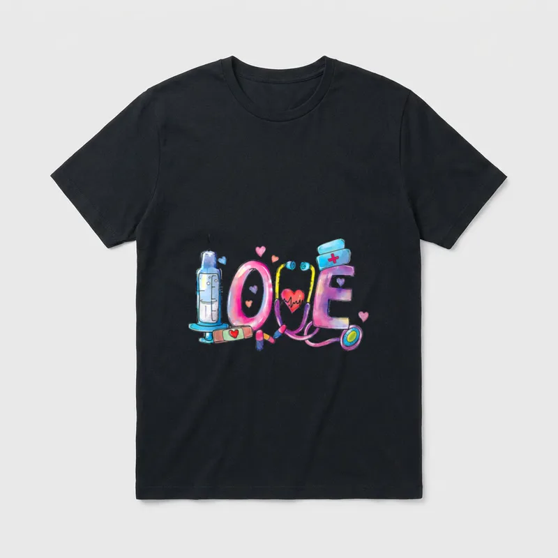 Love Nurse Life Medicine T-Shirt – The word LOVE formed by a syringe, stethoscope, and nurse cap – Classic T-Shirt in Black