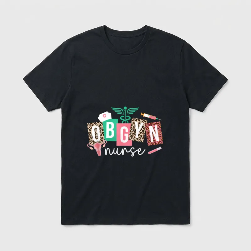 OBGYN Nurse Leopard OB-GYN Nursing OB T-Shirt – OBGYN nurse in leopard print and script lettering – Classic T-Shirt in Black