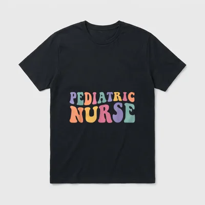 Pediatric Nurse Groovy Nursing School T-Shirt – Colorful wavy lettering reading PEDIATRIC NURSE – Classic T-Shirt in Black