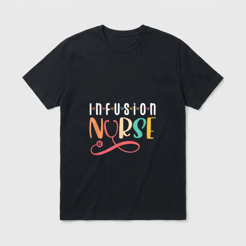 Nurse Infusion Squad Nursing T-Shirt – Infusion Nurse lettering with heart accents and stethoscope – Classic T-Shirt in Black
