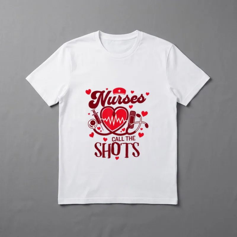 Nurses Call the Shots Shirt – Stethoscope, syringe, heart pulse line, and nurse cap artwork – Classic T-Shirt in Black