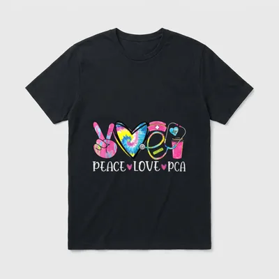 Nursing PCA Nurse T-Shirt – PEACE LOVE PCA with peace sign, tie-dye heart, and stethoscope – Classic T-Shirt in Black