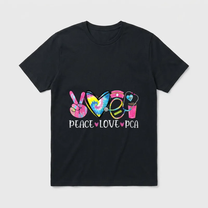 Nursing PCA Nurse T-Shirt – PEACE LOVE PCA with peace sign, tie-dye heart, and stethoscope – Classic T-Shirt in Black