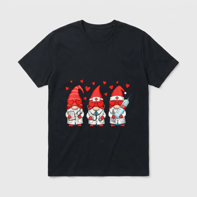 Gnome Nurse Stethoscope Nursing Scrub Valentine T-Shirt – Classic T-Shirt in Black