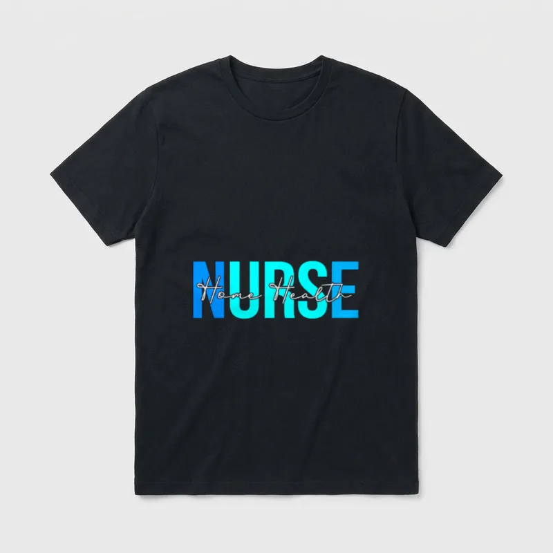 Home Health Nurse Lightweight T-Shirt – Cursive Home Health script over blue block NURSE lettering – Classic T-Shirt in Black