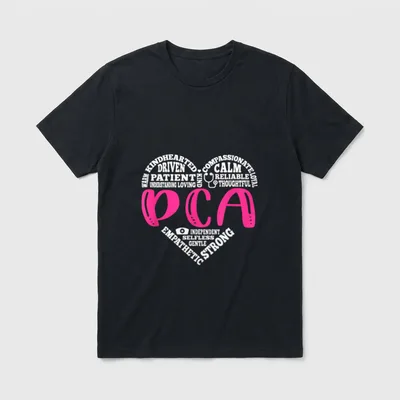 PCA Nurse Love Nursing Students CNA T-Shirt – Heart word art with PCA, stethoscope, and nurse cap – Classic T-Shirt in Black