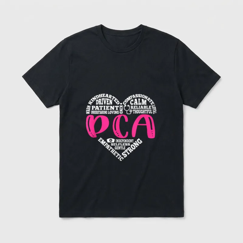 PCA Nurse Love Nursing Students CNA T-Shirt – Heart word art with PCA, stethoscope, and nurse cap – Classic T-Shirt in Black