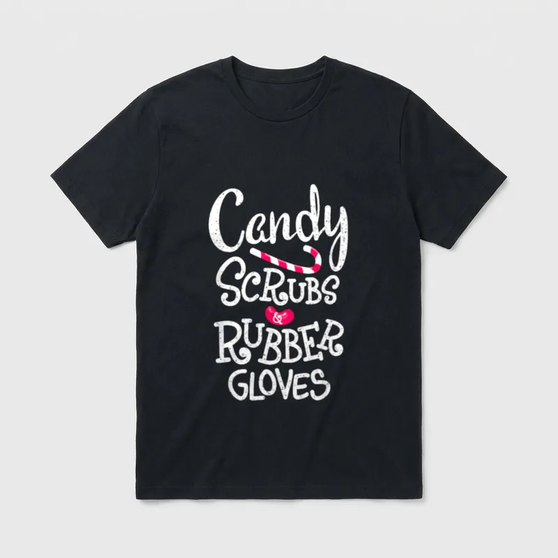 Candy Cane Nurse T-Shirt – Candy Scrubs & Rubber Gloves lettering with candy cane – Classic T-Shirt in Black