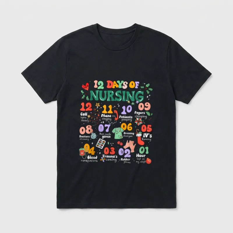 12 Days of Nicu Nursing Christmas T-Shirt – Retro 12 Days of Nursing hospital shift countdown art – Classic T-Shirt in Black