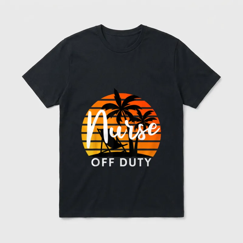 Nurse Off Duty Summer Vacation Palm T-Shirt – Printed words Nurse OFF DUTY with palms and sunset – Classic T-Shirt in Black