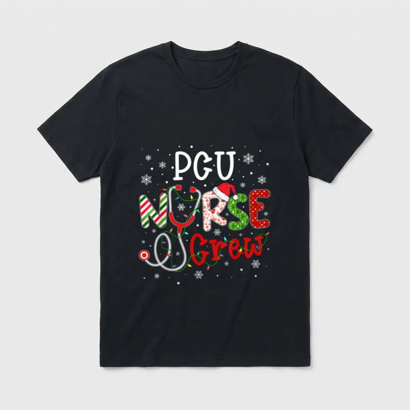 PCU Christmas Nurse Crew Funny Nursing T-Shirt – “PCU NURSE Crew” with stethoscope and Santa hat – Classic T-Shirt in Black