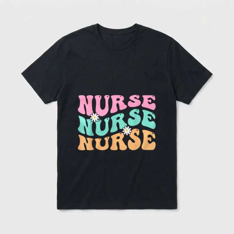 Groovy Nurse Future T-Shirt – Stacked wavy nurse text with two daisy flowers – Classic T-Shirt in Black