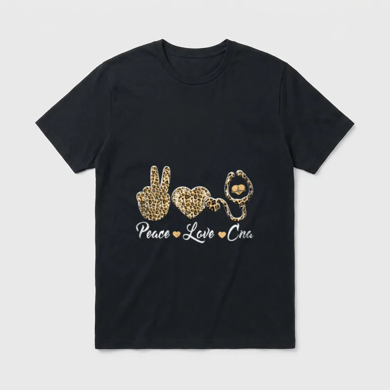 Love CNA Leopard Heart Stethoscope Peace T-Shirt – Classic T-Shirt in Black