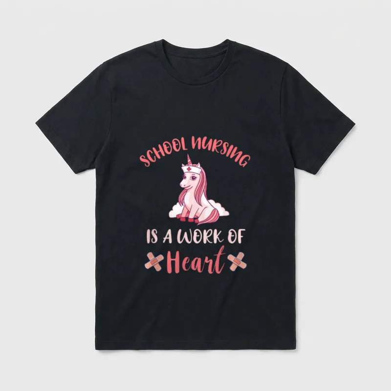 School Nurse Unicorn Heart Nursing Student T-Shirt – SCHOOL NURSING IS A WORK OF Heart – Classic T-Shirt in Black